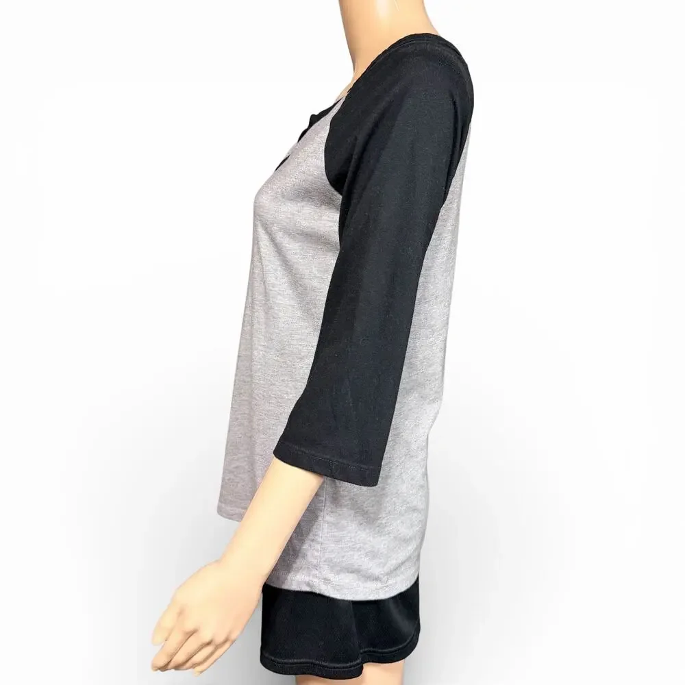 Athletic Works Womens T Shirt Top Sporty Raglan Sleeve Baseball T Gray Black Sm